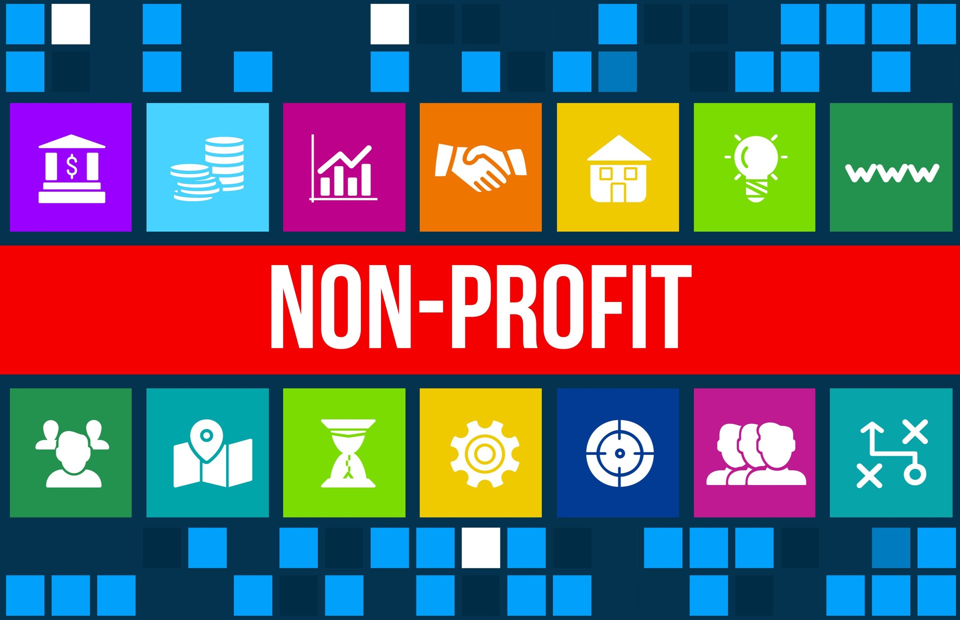 Nonprofit concept image with business icons and copyspace.